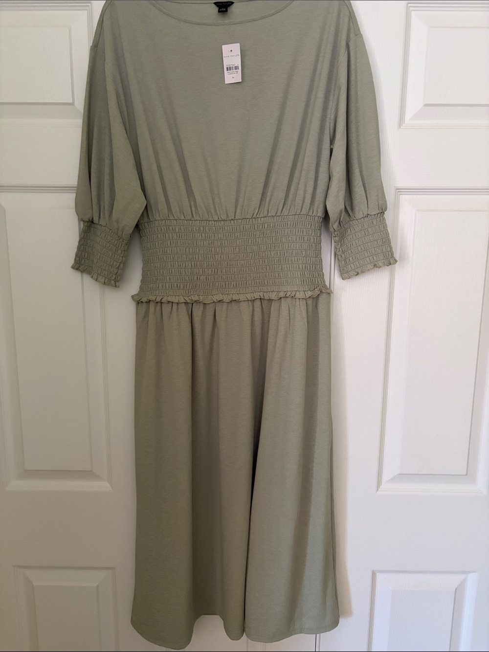Ann Taylor Sage Green Smocked-Waist Midi Dress